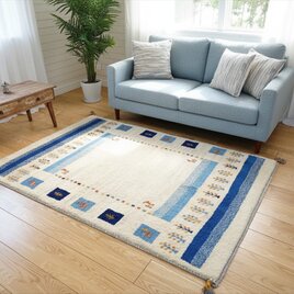 ペルシャ　ギャッベ　ソファー前　ハーフラグ　145x100㎝　ベージュ　青色　水色　RJ4176