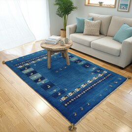 ペルシャ　ギャッベ　ソファー前　ハーフラグ　158x100㎝　青色　藍色　パネル　生命の木　ヤギ　羊　RJ4180