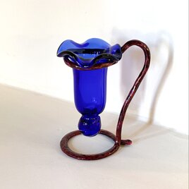 キャンディ型ガラス花器(ルリ色ガラス×赤茶色アーム)