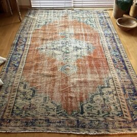 大判162×227 夕焼けオレンジ　擦れ　メダリオン　トルコヴィンテージラグ