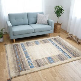 ペルシャ　ギャッベ　ソファー前　ハーフラグ　148x104㎝　ベージュ　グレー　水色　RJ5267