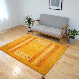 ペルシャ　ギャッベ　ソファー前　ハーフラグ　147x105㎝　黄金色　オレンジ　生命の木　ヤギ　RJ12737