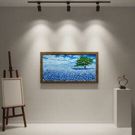 【絵画】 癒しの風景画「青いネモフィラの丘」油絵 原画
