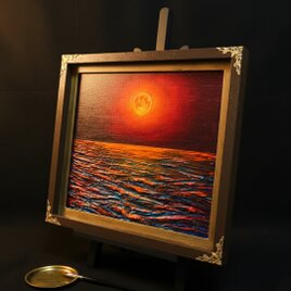 一点物 油絵 原画「朱色の満月と蒼き波」幻想的な風景画【インテリア】