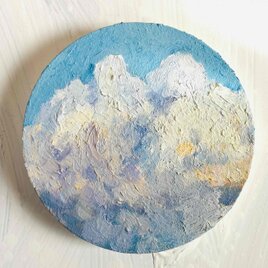 油彩 絵画 『空の雲』丸形アートパネル 直径15cmインテリア 絵画 原画