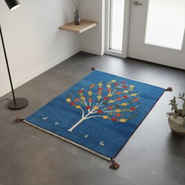 ペルシャ　ギャッベ　マット大　ラグ　118x85cm　青色　ザクロの木　RJ14237