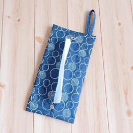 持ち手付き　刺繍　携帯ティッシュケース　BOXティッシュ　吊り下げ　デニムダンガリー　スカラップレース　ネイビー　581