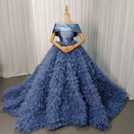 豪華！カラードレス ブルー 取り外しオフショルダー 柔らかく重ねたチュールスカート 編み上げ 前撮り