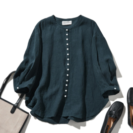 ★サンプルセール　1点のみ★毎日のコーデに取り入れやすいリネン100％　ノーカラー　カーディガン　 紺　230506-6