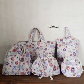 【sale】【北欧リネン】入園バッグ５点セット：花柄：パープル【0446】