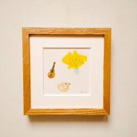 「ミモザと犬とウクレレ」原画 ※木製額縁入り（18㎝角）一点物 水彩 イラスト 北欧インテリア　