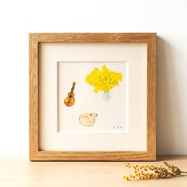 「ミモザと犬とウクレレ」原画 ※木製額縁入り（18㎝角）一点物 水彩 イラスト 北欧インテリア　