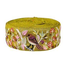インド刺繍リボン50cm切り売り 草むらの小鳥 グリーン 5cm幅 花 HC 野鳥 ヒタキ バード 雀 R-0833