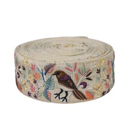 インド刺繍リボン50cm切り売り 草むらの小鳥 アイボリー 5cm幅 花 HC 野鳥 ヒタキ バード 雀 R-0832