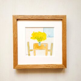 「ミモザのある部屋」原画 ※木製額縁入り（18㎝角）一点物 水彩 イラスト 北欧インテリア　