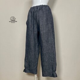 【厚手リネン】◆ポップスリットパンツ　ロング◆デニム調ネイビー◆フリーサイズ（厚手15番手、リネン100％）