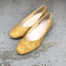 23cmのみアウトレット価格　イエロー　幅広　ローヒールパンプス　フラットシューズ　ふわふわクッション