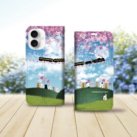 iPhone専用 手帳型スマホケース （カメラ穴あり/はめ込み式/スタンド機能付き）【ほのぼのにゃんこ（さくら銀河鉄道）】