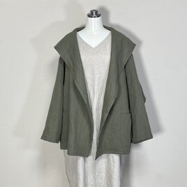 【厚手リネン】フード付きジャケット◆オリーブ◆フリーサイズ（ウィンターリネン、15番手リネン100％）