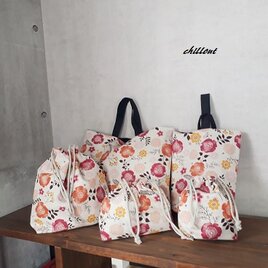 【sale】【北欧リネン】入園バッグ５点セット：花柄：レトロレッド【0442】