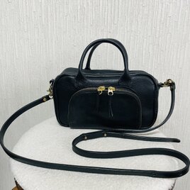 イタリア製タンニン鞣し牛革「アリゾナ」・ダブルファスナーポケット付き2wayミニボストンショルダーハンドバック・黒