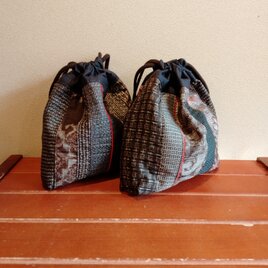 着物　大島パッチワーク巾着（大）