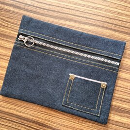 ぺたんこポーチ ☆ 岡山デニム【ブラック×グレージュ】セルビッチ　赤耳　ポーチ　小物入れ　マスク　通帳　お薬手帳