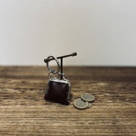 姫路レザーminiminiコインケース◆焦げ茶　革財布　キーホルダー　小物入れ　バックチャーム　がま口　リングケース