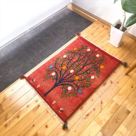 ペルシャ　ギャッベ 玄関マット　ラグ　88x63㎝　茜色　桃色　ザクロの木 RJ15259
