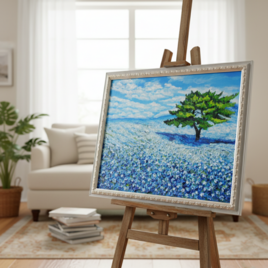 希望を運ぶ青い花【青空のネモフィラの丘】インテリアアート原画 インテリア 贈り物 癒やし 油絵　油彩画　絵画