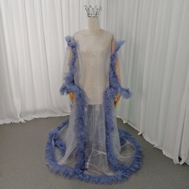 オーバードレス ブルー シースルー ラッフルフリル ふわふわ袖 ロングトレーン 妊婦 前撮り