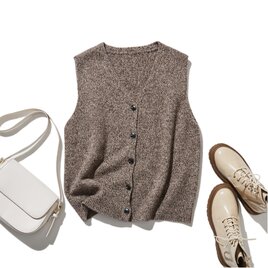 大人の上質スタイル　ウール Vネックベスト　ウール100％　杢茶　260118-1