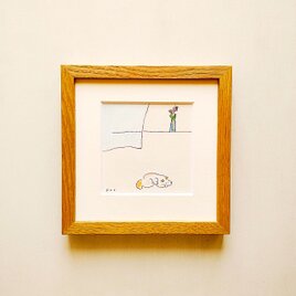 原画 「春を告げる」※木製額縁入り（18㎝角）・ペン画・水彩・イラスト・インテリアアート・送料無料