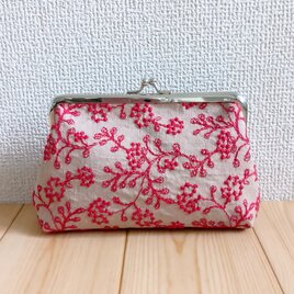 刺繍　がま口メイクポーチ　14cm口金　ベージュ　605