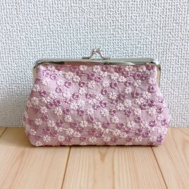小花柄刺繍　がま口メイクポーチ　14cm口金　くすみピンク　603