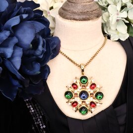 【フランス買付】 マルチカラージュエル　ロゼットモチーフ 2WAY ブローチ＆ネックレス アメリカ製 ヴィンテージ 1980s