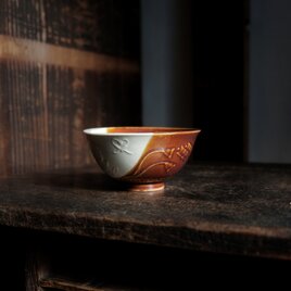 バイカラーで素敵◆太鼓と瓢箪　時代物　陽刻小碗　飯碗　骨董/antiques 古民家　古道具　大正〜昭和初期