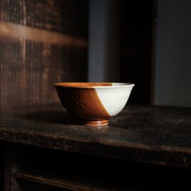バイカラーで素敵◆リーフの文様　時代物　陽刻小碗　飯碗　骨董/antiques 古民家　古道具　大正〜昭和初期