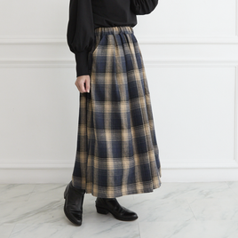 【丈調整できる✨】春まで◎肌触りよく温かみあるチェック柄 ウエストゴム フレアスカート　ネイビー　0770NV