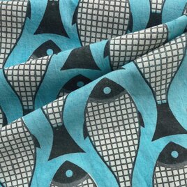 インド ブロックプリント生地 [50cm単位切売] ダブー フィッシュ ブルー SA 魚 さかな IF0451