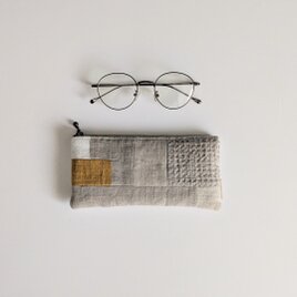 リネンのめがねケース/マスタード　パッチワーク　