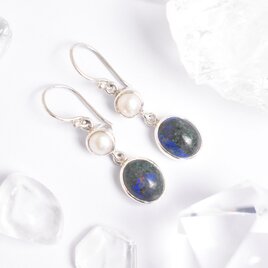 地球みたいな、青と緑　アズライトと淡水パールのピアス　シルバー925 フック　天然石