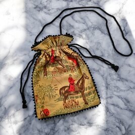 数量限定!   イギリスビンテージテキスタイル   ポンポンパイピング 3way巾着ショルダーバッグ　レッドコート