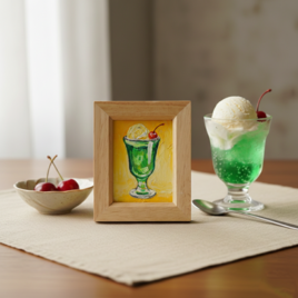 一点物【クリームソーダ】油絵 原画｜手のひらサイズのミニ絵画 木製フレーム付
