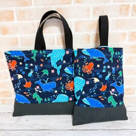 レッスンバッグ＆シューズケース　２点セット　【和柄・水族館★紺】