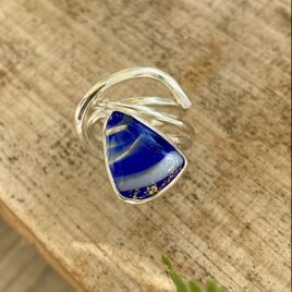 ガラスの鉱石のリング/950silve・槌目・紺ガラス#12