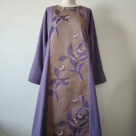 藤紫葉模様·帯地×ニット生地ワンピース