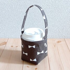 テイクアウト　洗濯可能な保温の紙コップ入れ　バッグ型　りぼん柄　ブラウン　611