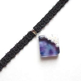 【受注製作】レジンアート　スクエアモチーフとタティングレースとベルベットリボンのチョーカー〈いつか明ける空〉