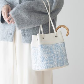 新作 3WAY巾着型マルチバッグ｜編みコットンデニムｘミルキーホワイトPU｜長財布OK｜内ファスナーポケット｜軽量